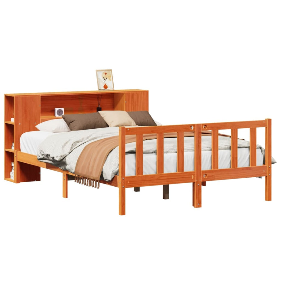 Bed met boekenkast zonder matras grenenhout wasbruin 150x200 cm