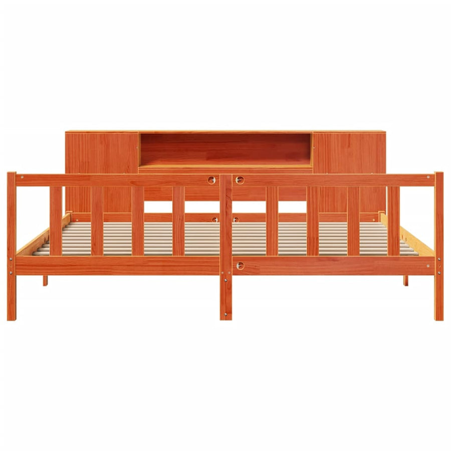 Bed met boekenkast zonder matras grenenhout wasbruin 200x200 cm