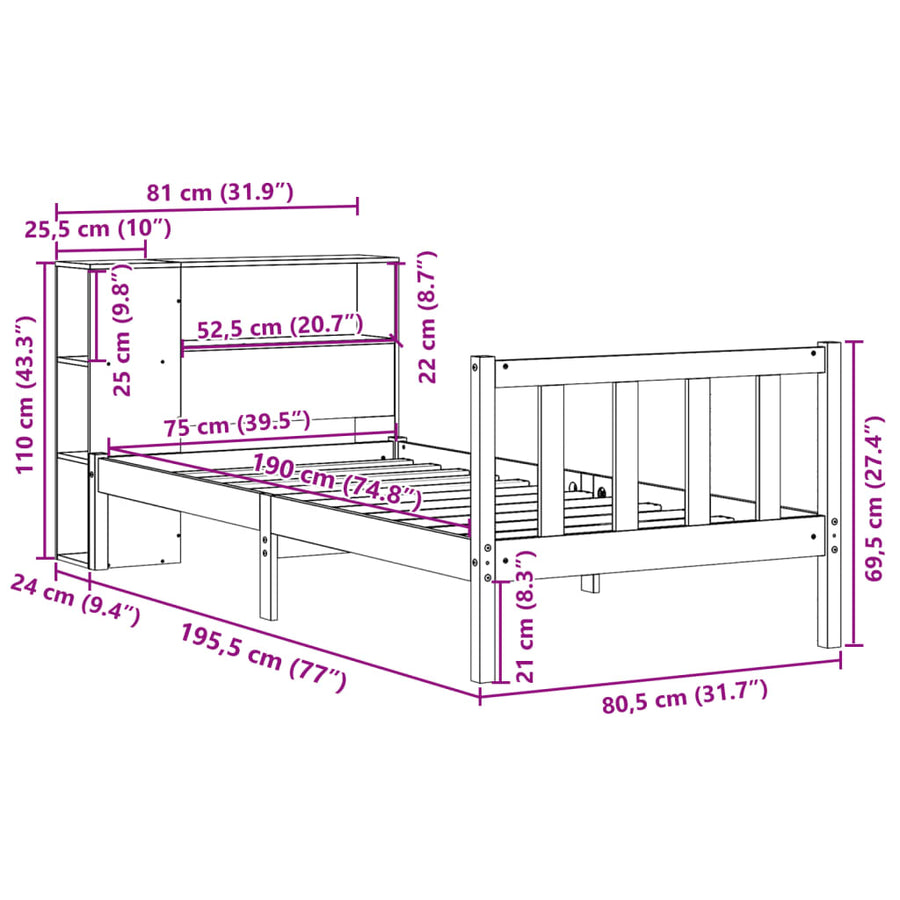 Bed met boekenkast zonder matras grenenhout wit 75x190 cm