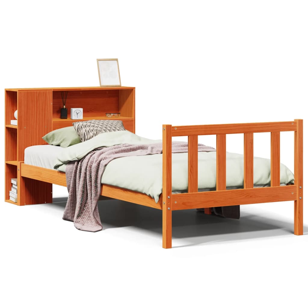 Bed met boekenkast zonder matras grenenhout wasbruin 75x190 cm