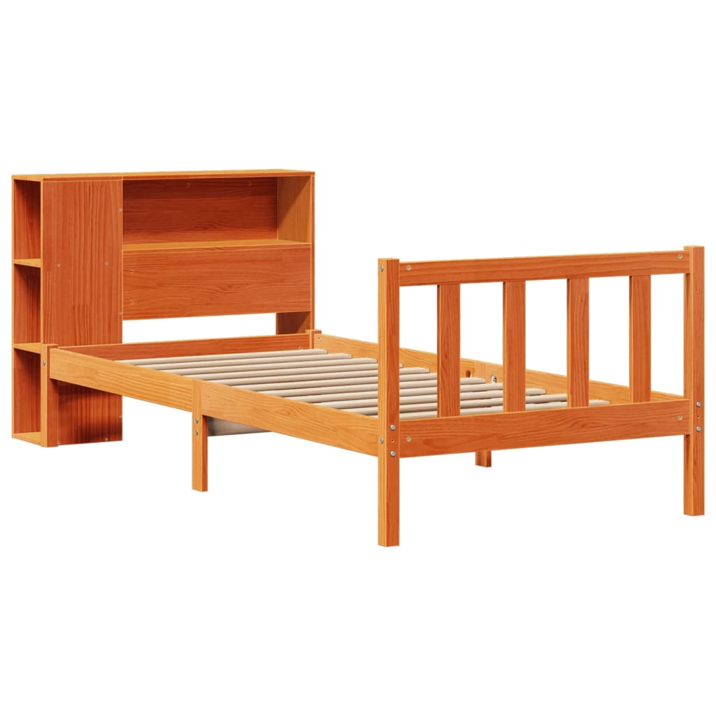 Bed met boekenkast zonder matras grenenhout wasbruin 75x190 cm