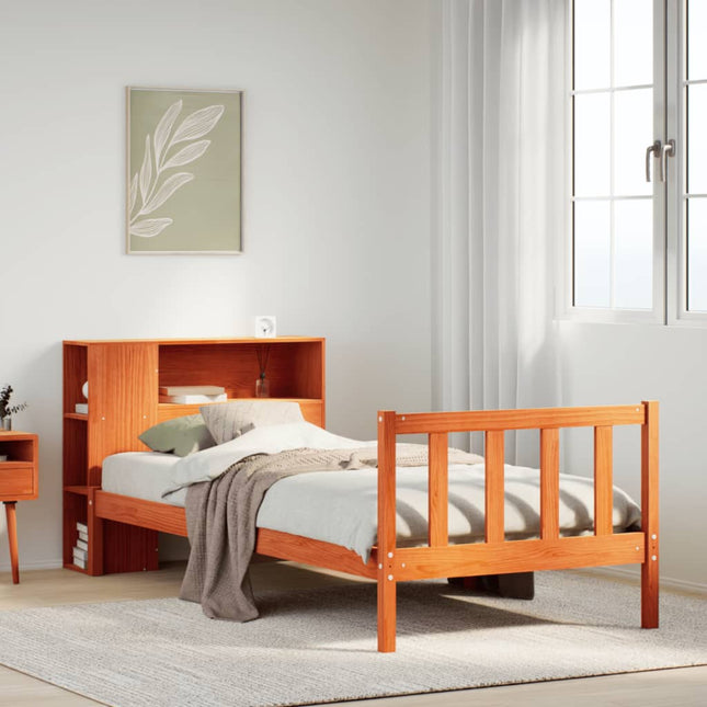 Bed met boekenkast zonder matras grenenhout wasbruin 75x190 cm