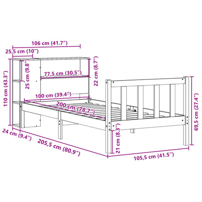 Bed met boekenkast zonder matras grenenhout wasbruin 100x200 cm