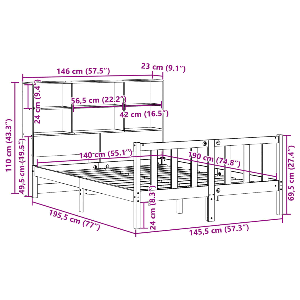 Bed met boekenkast zonder matras grenenhout wit 140x190 cm