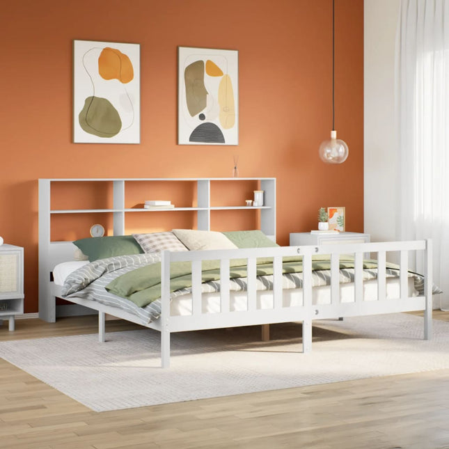 Bed met boekenkast zonder matras grenenhout wit 200x200 cm