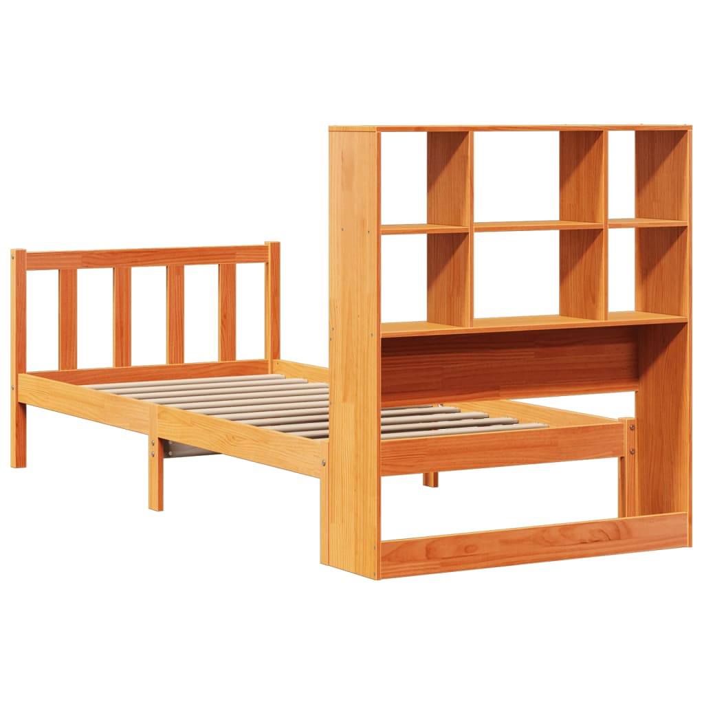 Bed met boekenkast zonder matras grenenhout wasbruin 75x190 cm