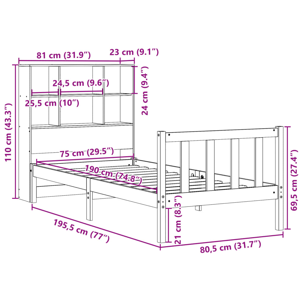Bed met boekenkast zonder matras grenenhout wasbruin 75x190 cm