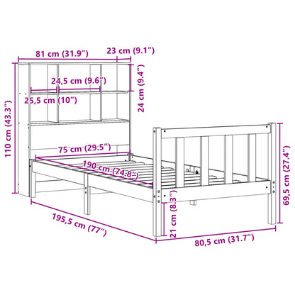 Bed met boekenkast zonder matras grenenhout wasbruin 75x190 cm