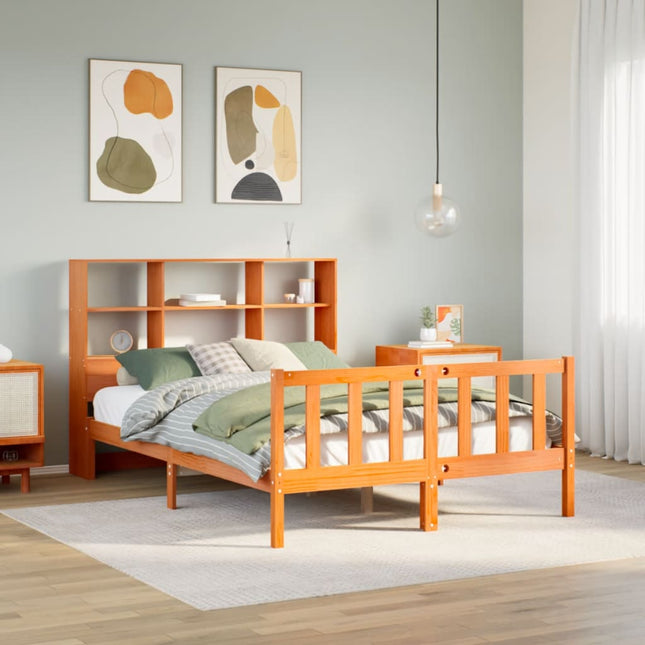 Bed met boekenkast zonder matras grenenhout wasbruin 120x190 cm