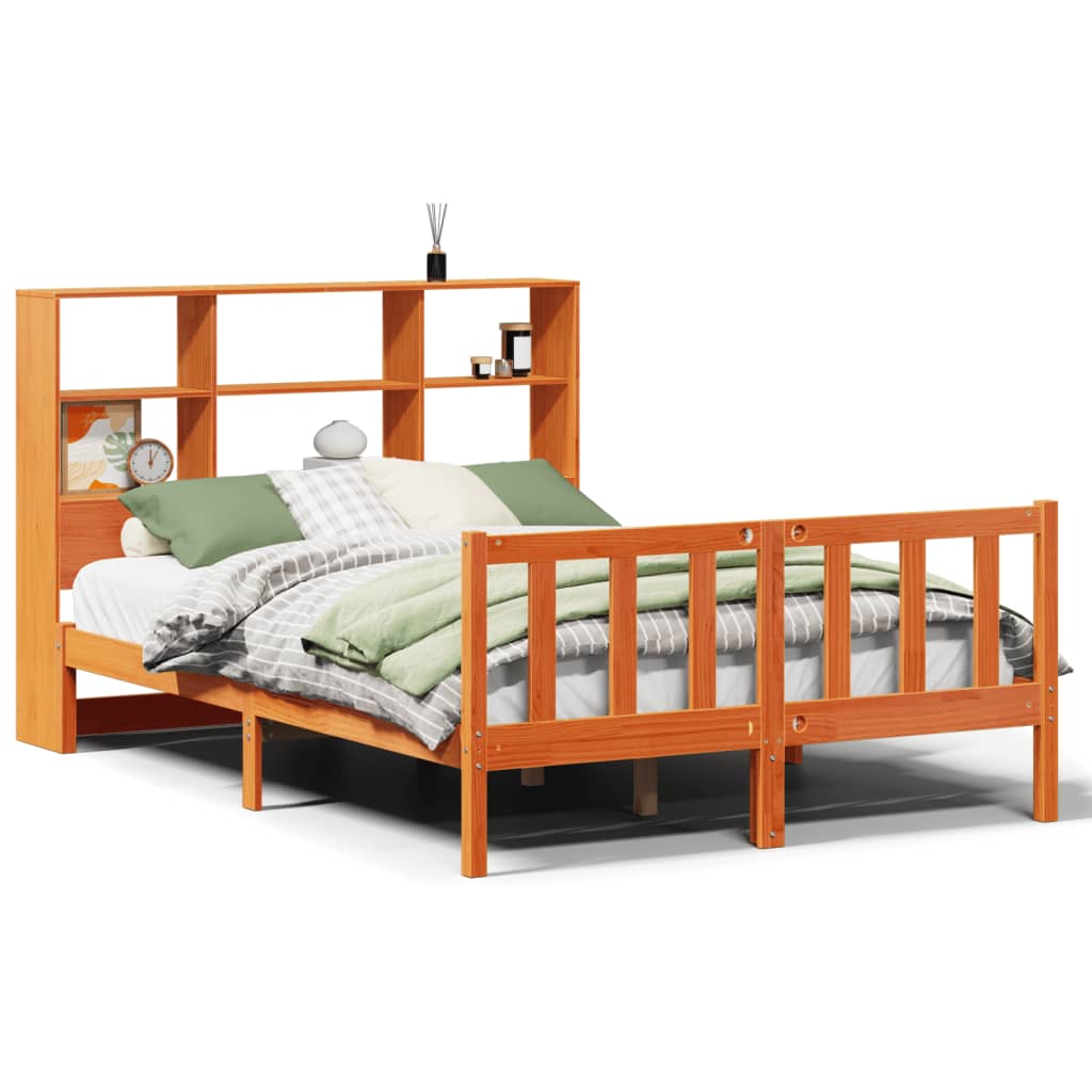 Bed met boekenkast zonder matras grenenhout wasbruin 135x190 cm