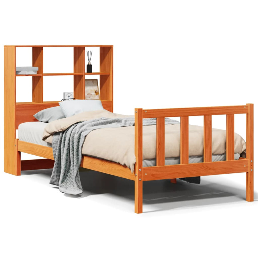 Bed met boekenkast zonder matras grenenhout wasbruin 100x200 cm
