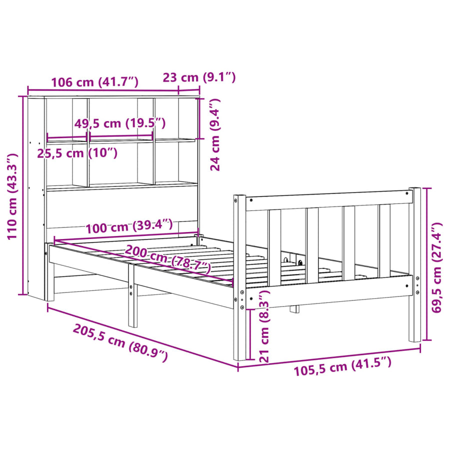 Bed met boekenkast zonder matras grenenhout wasbruin 100x200 cm
