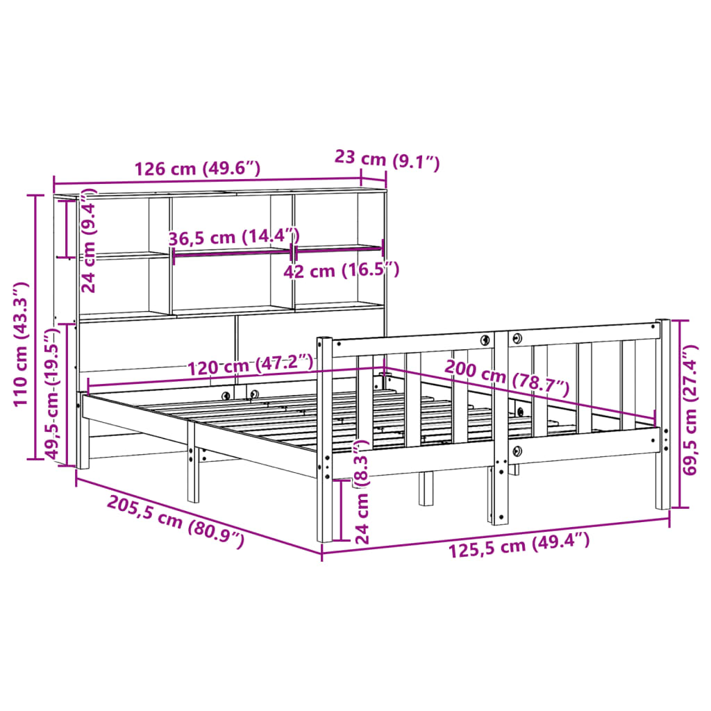 Bed met boekenkast zonder matras grenenhout wasbruin 120x200 cm