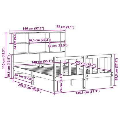 Bed met boekenkast zonder matras grenenhout wasbruin 140x200 cm