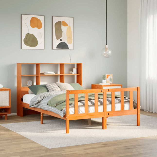 Bed met boekenkast zonder matras grenenhout wasbruin 140x200 cm