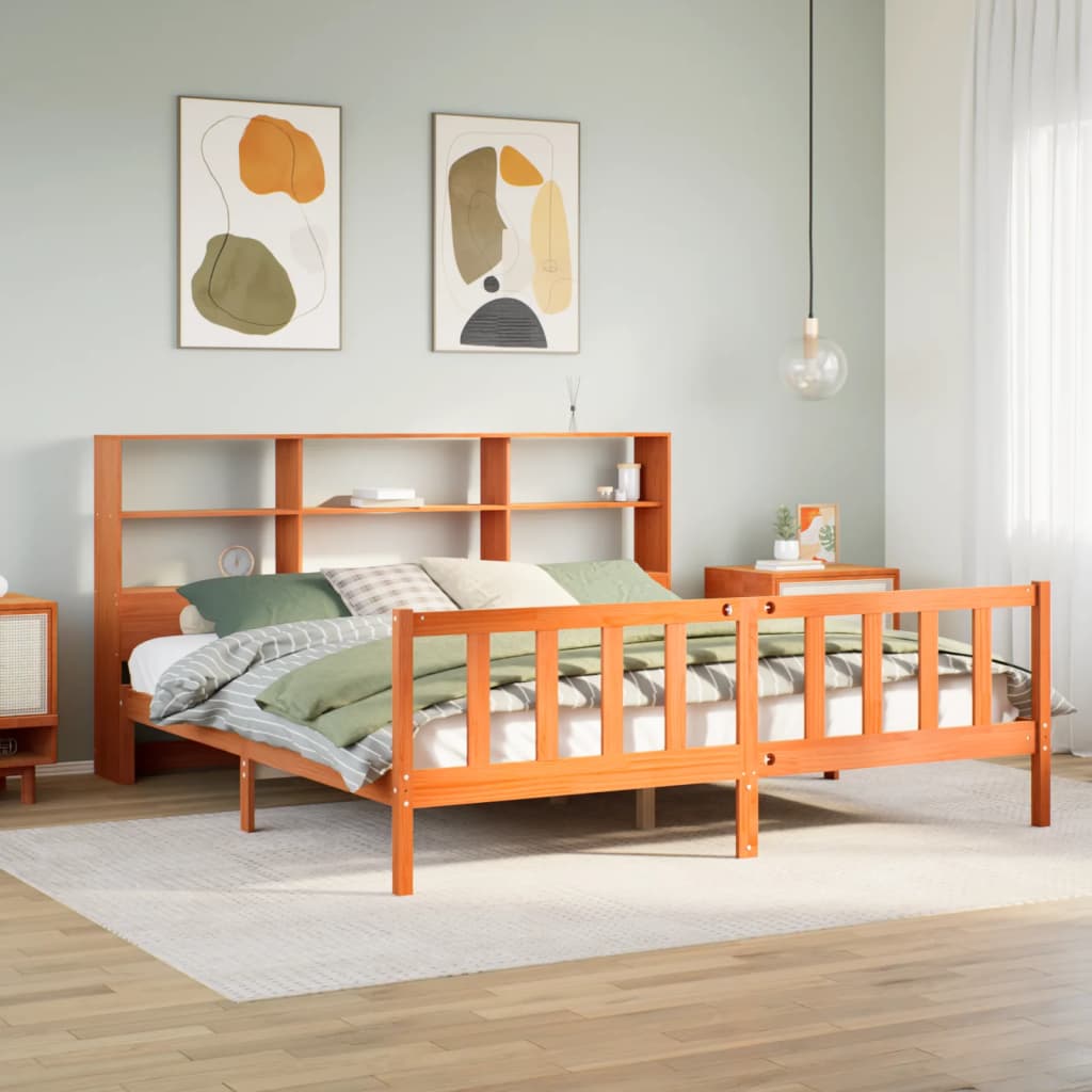 Bed met boekenkast zonder matras grenenhout wasbruin 180x200 cm