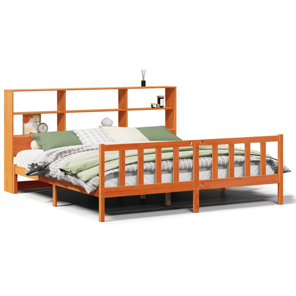 Bed met boekenkast zonder matras grenenhout wasbruin 200x200 cm