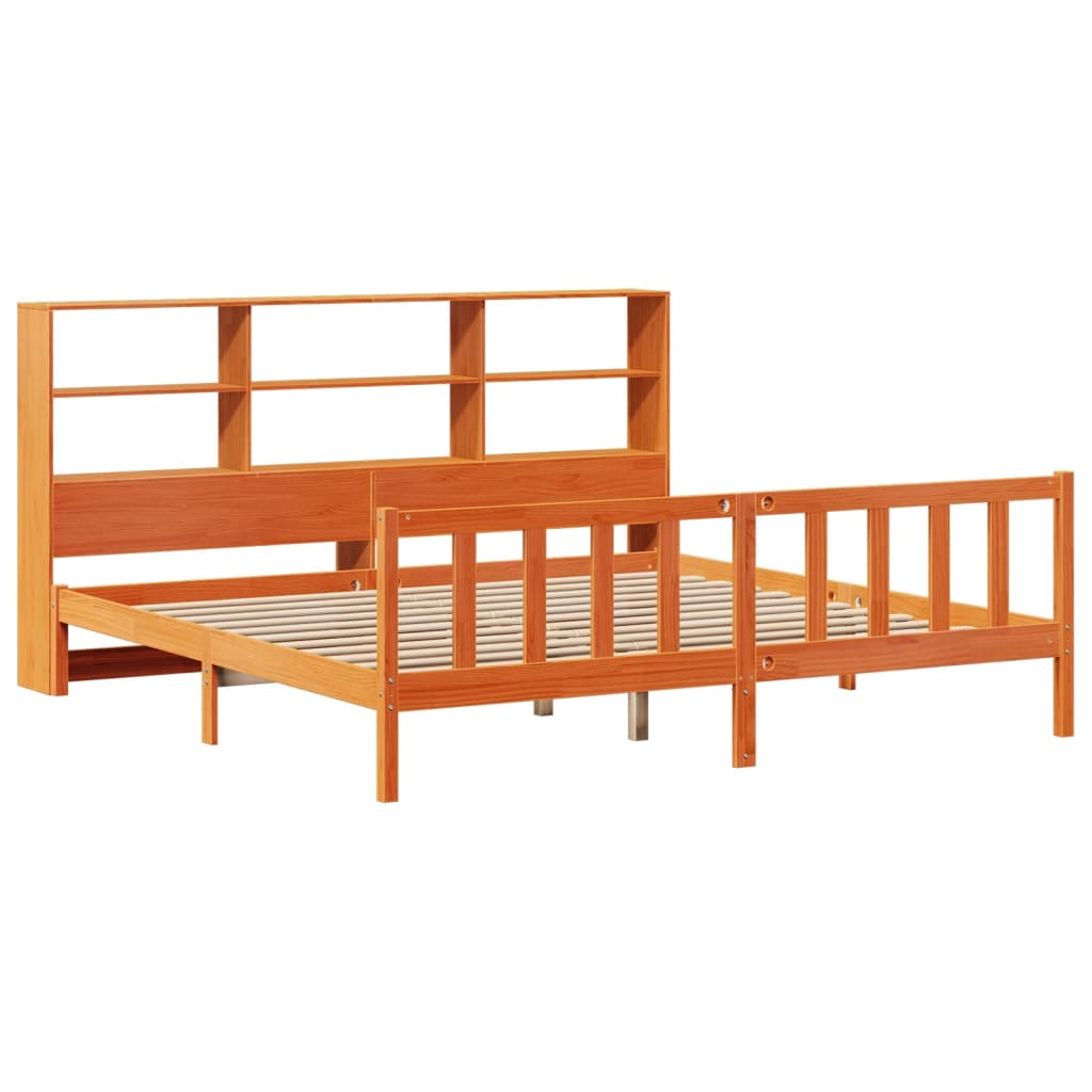 Bed met boekenkast zonder matras grenenhout wasbruin 200x200 cm