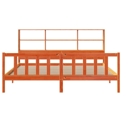 Bed met boekenkast zonder matras grenenhout wasbruin 200x200 cm