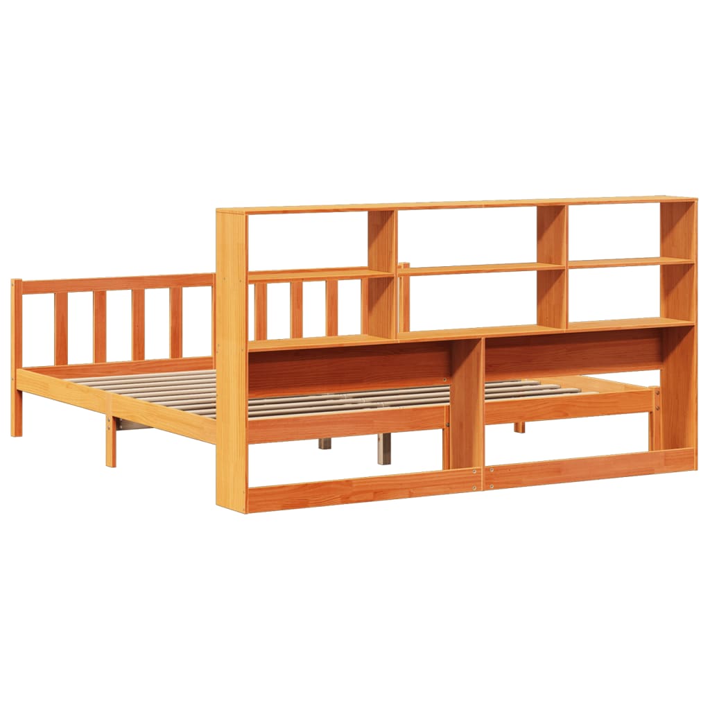 Bed met boekenkast zonder matras grenenhout wasbruin 200x200 cm