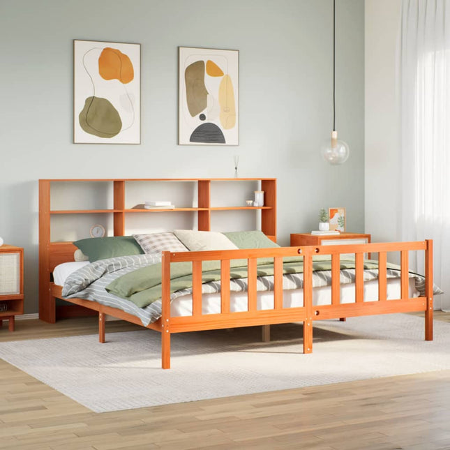 Bed met boekenkast zonder matras grenenhout wasbruin 200x200 cm