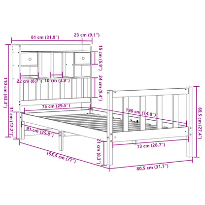 Bed met boekenkast zonder matras massief grenenhout 75x190 cm