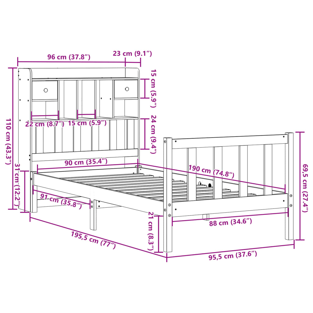 Bed met boekenkast zonder matras grenenhout wit 90x190 cm