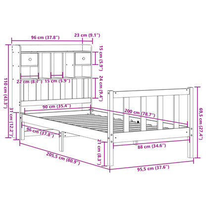 Bed met boekenkast zonder matras massief grenenhout 90x200 cm