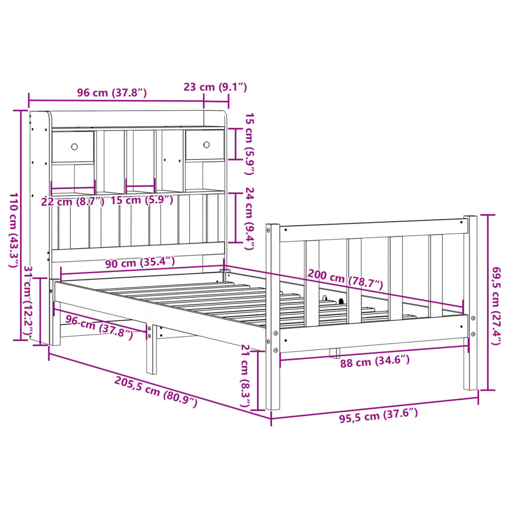 Bed met boekenkast zonder matras grenenhout wit 90x200 cm