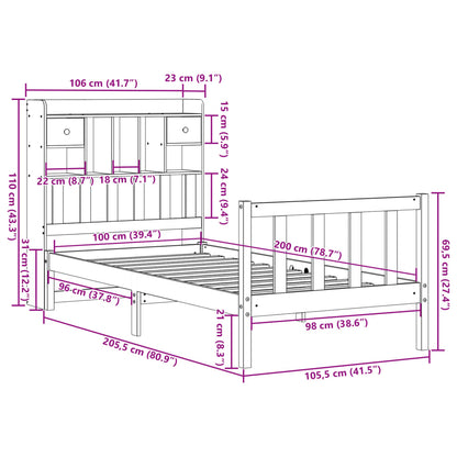 Bed met boekenkast zonder matras massief grenenhout 100x200 cm