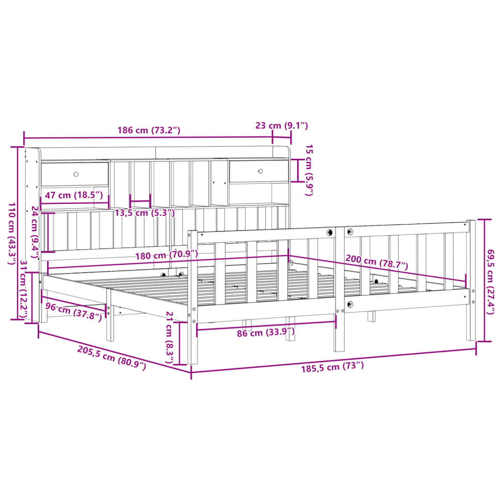 Bed met boekenkast zonder matras massief grenenhout 180x200 cm