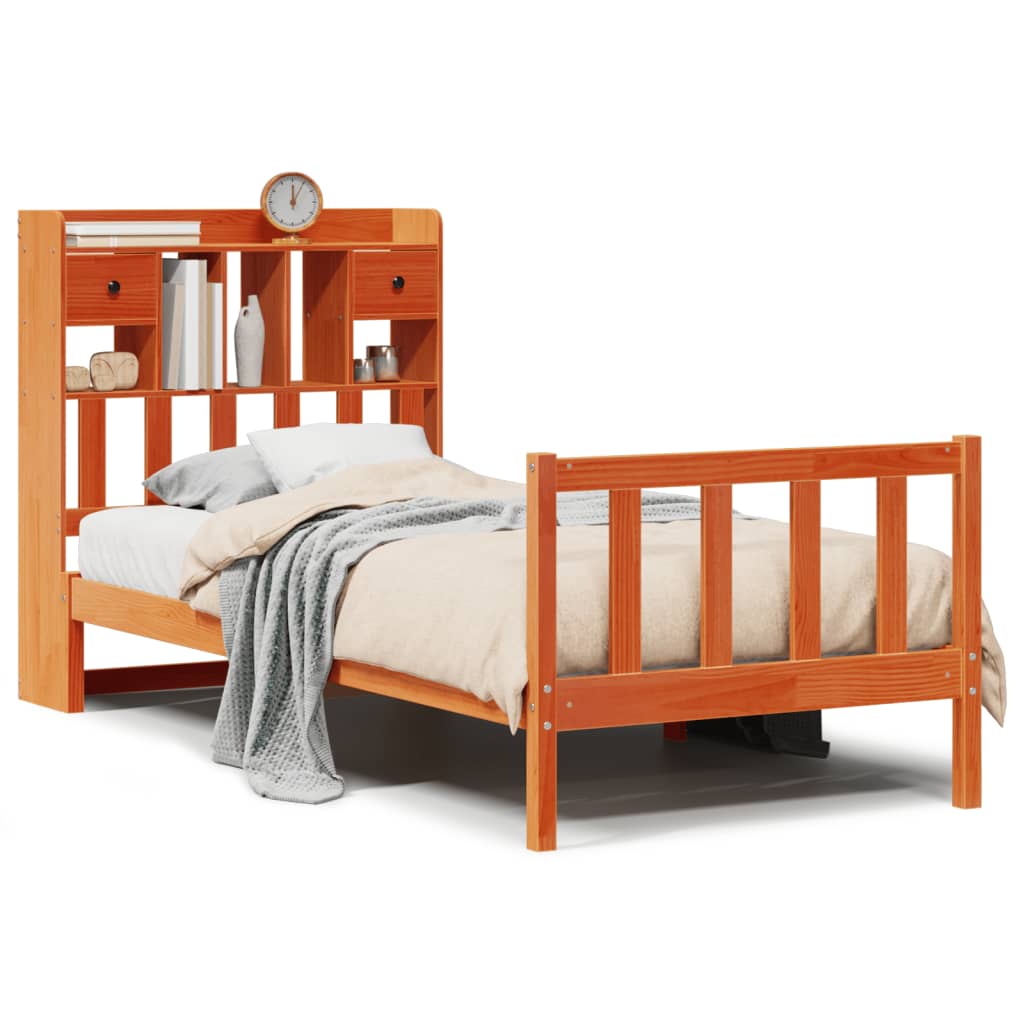 Bed met boekenkast zonder matras grenenhout wasbruin 75x190 cm