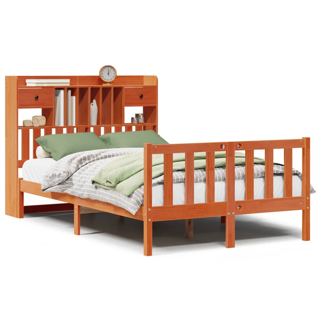 Bed met boekenkast zonder matras grenenhout wasbruin 135x190 cm