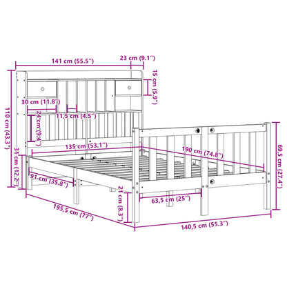 Bed met boekenkast zonder matras grenenhout wasbruin 135x190 cm