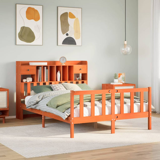 Bed met boekenkast zonder matras grenenhout wasbruin 140x190 cm