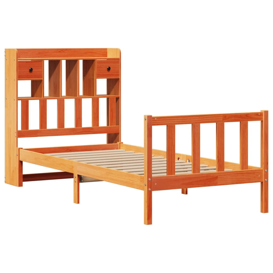 Bed met boekenkast zonder matras grenenhout wasbruin 100x200 cm