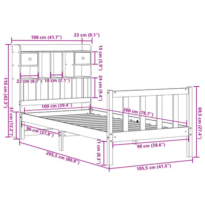 Bed met boekenkast zonder matras grenenhout wasbruin 100x200 cm
