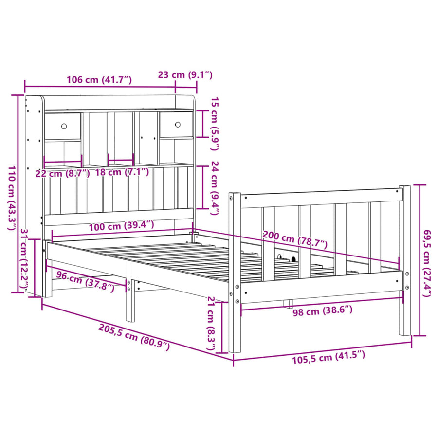 Bed met boekenkast zonder matras grenenhout wasbruin 100x200 cm