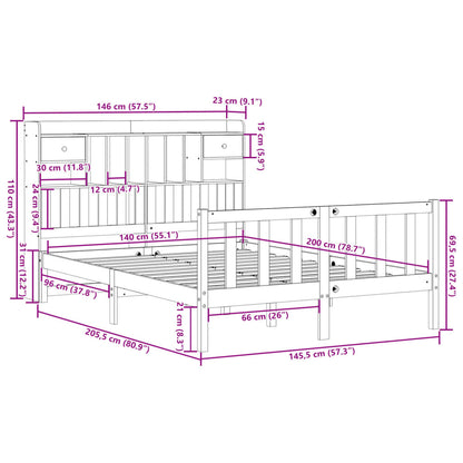 Bed met boekenkast zonder matras grenenhout wasbruin 140x200 cm