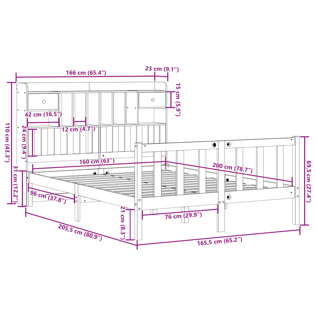 Bed met boekenkast zonder matras grenenhout wasbruin 160x200 cm