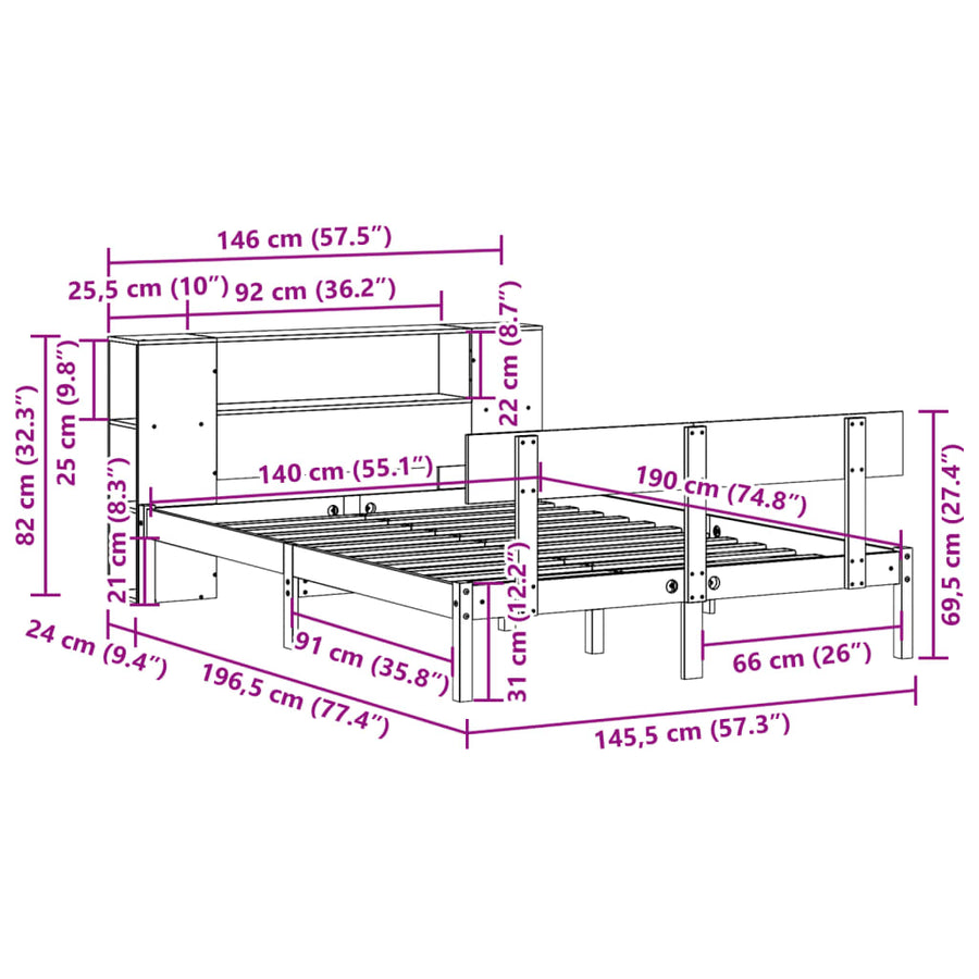 Bed met boekenkast zonder matras grenenhout wit 140x190 cm