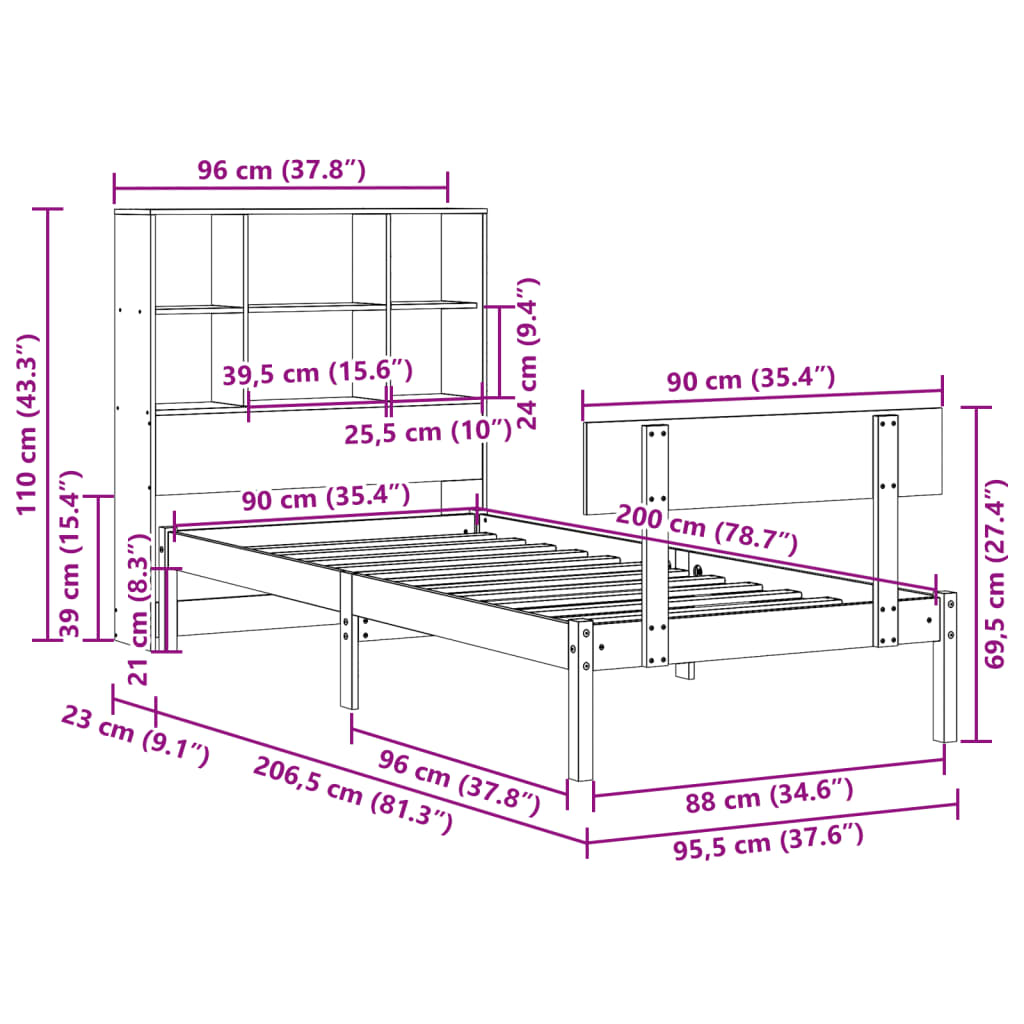 Bed Met Boekenkast Zonder Matras Massief Grenenhout 90 x 200 cm Naturel