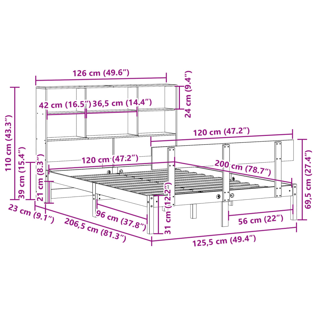 Bed met boekenkast zonder matras massief grenenhout 120x200 cm