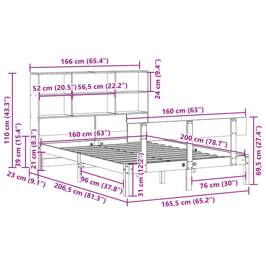 Bed met boekenkast zonder matras massief grenenhout 160x200 cm