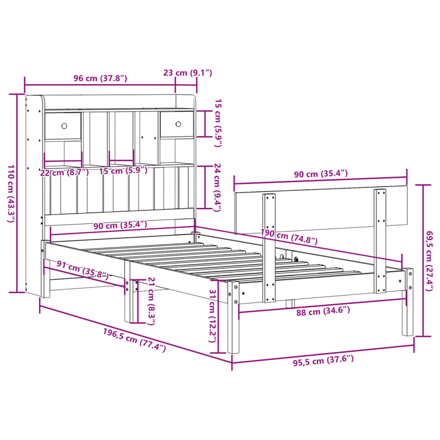 Bed met boekenkast zonder matras grenenhout wit 90x190 cm