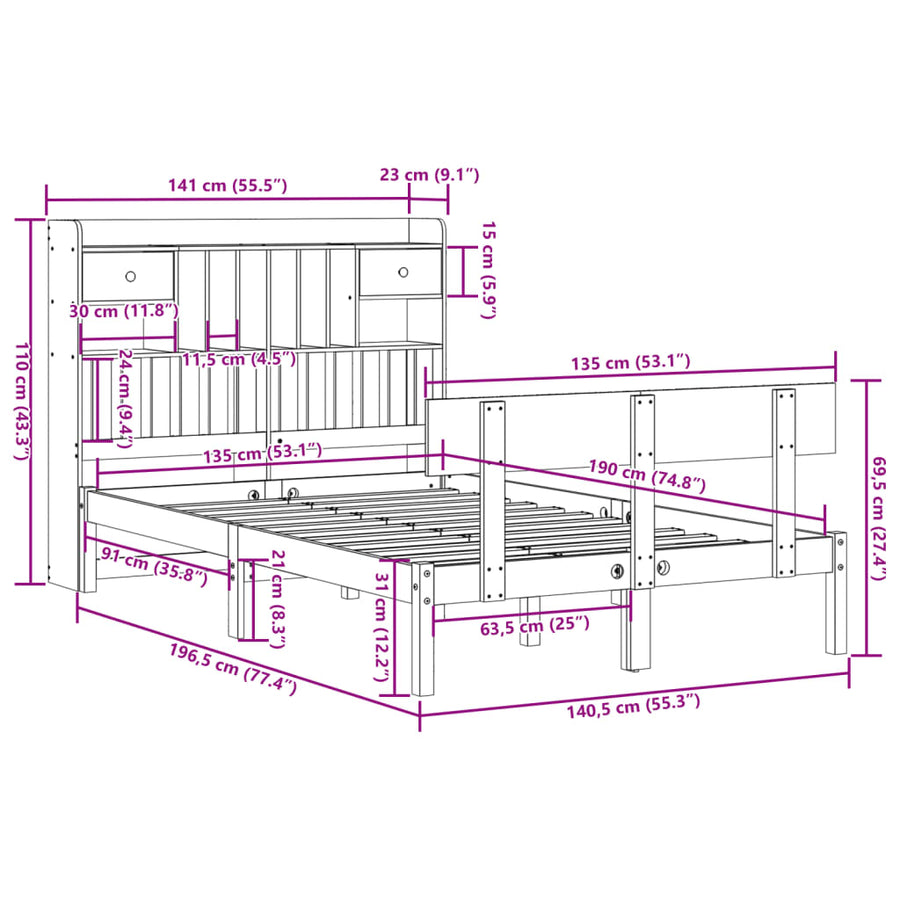 Bed met boekenkast zonder matras grenenhout wit 135x190 cm