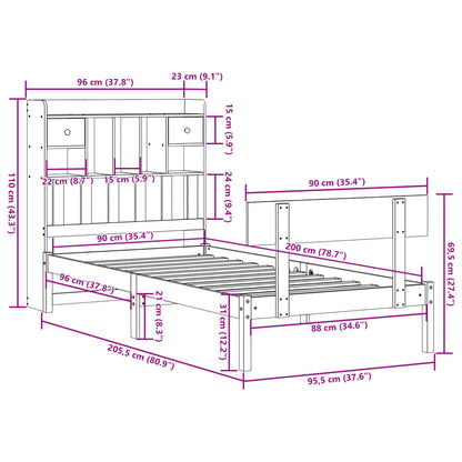 Bed met boekenkast zonder matras grenenhout wit 90x200 cm