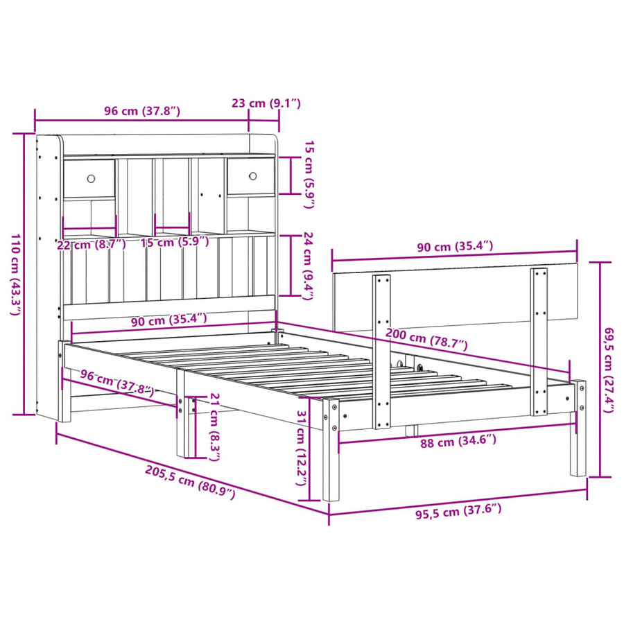 Bed met boekenkast zonder matras grenenhout wit 90x200 cm