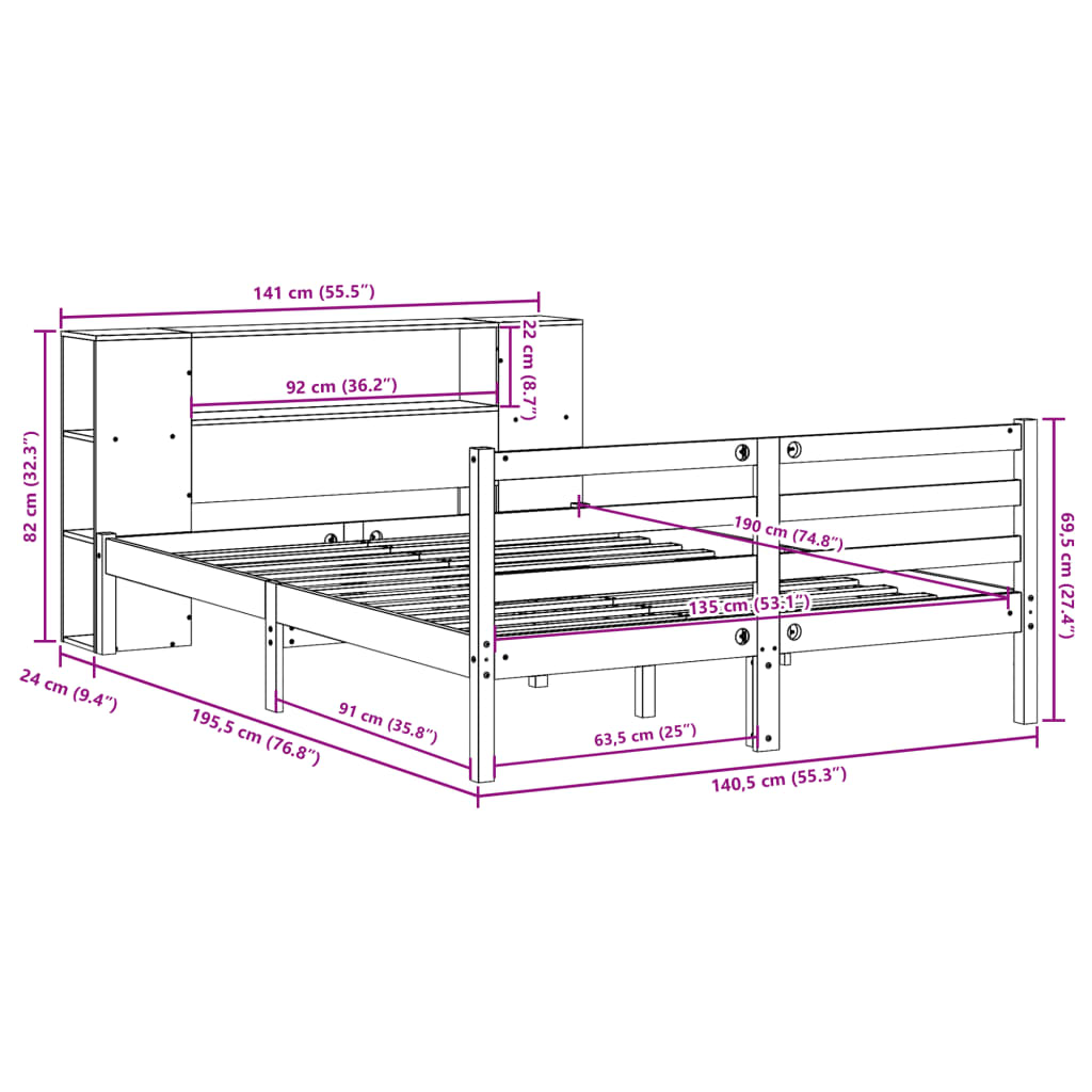 Bed met boekenkast zonder matras massief grenenhout 135x190 cm