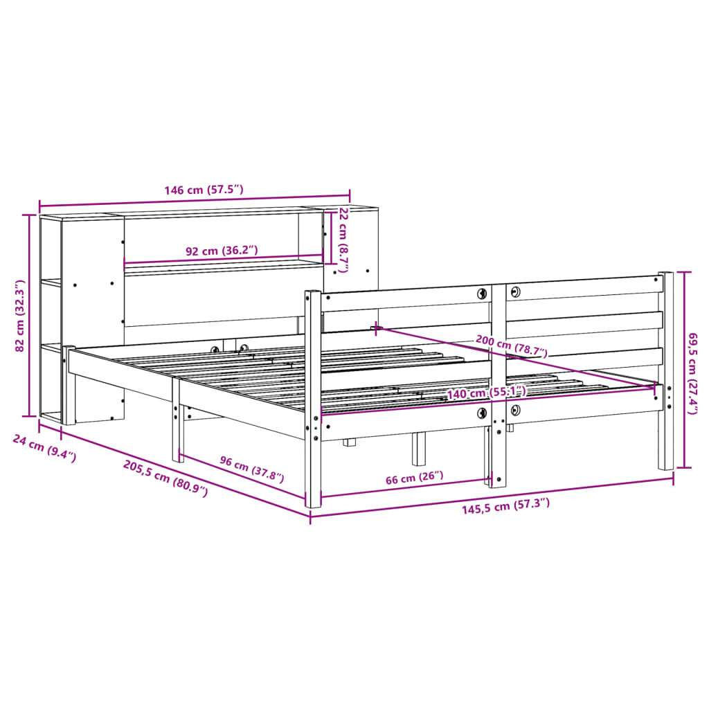 Bed met boekenkast zonder matras grenenhout wit 140x200 cm